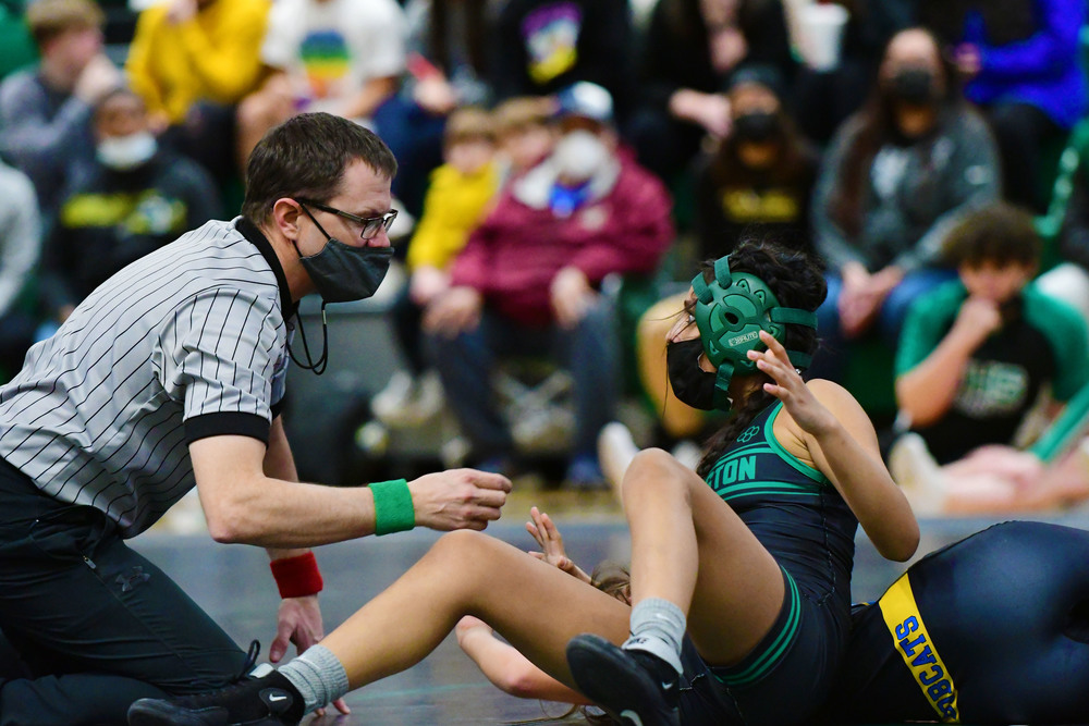 Jadyn Begay of FHS wrestles against Lyla Snell-Martinez of Bloomfield HS at 100-lbs.
