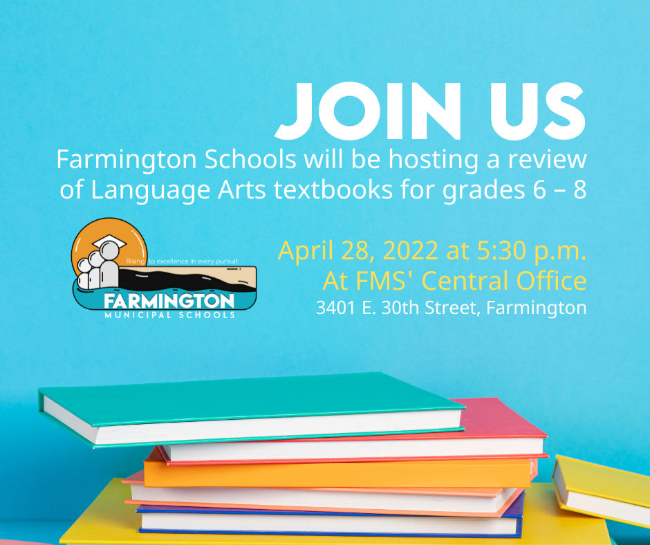 Language Arts textbooks for grades 6 – 8 on Thursday, April 28, 2022, at 5:30 p.m.