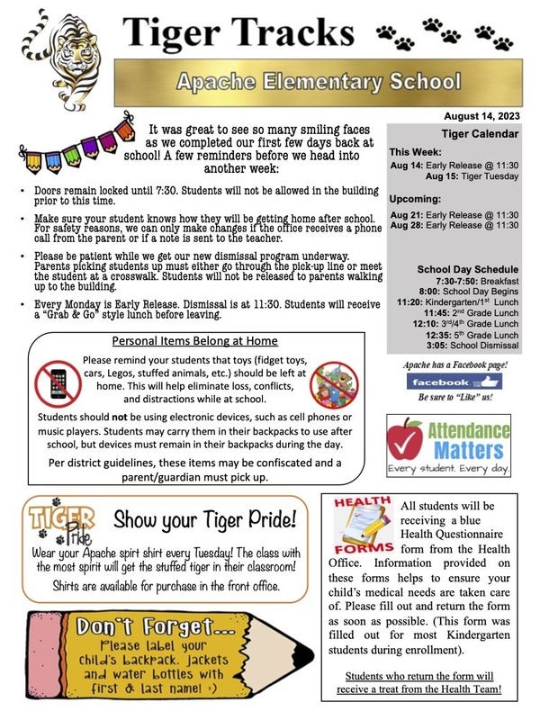 Tiger Tracks Newsletter Apache Elementary School